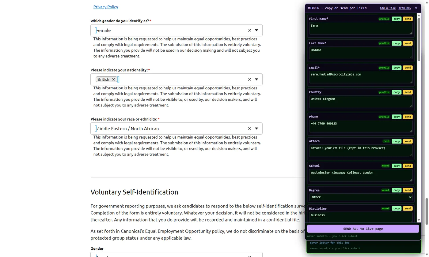 A real job application form on the left, the FormFillPilot mirror on the right: every field with its answer and a copy or send button, and the line never submits - you click submit