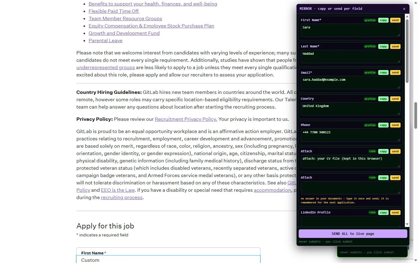 The mirror panel next to a GitLab application page, showing each field's answer before anything is typed