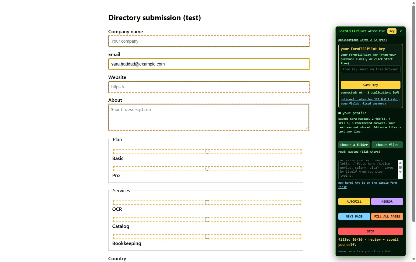 A directory submission form with dashed outlines around the fields the extension is about to fill