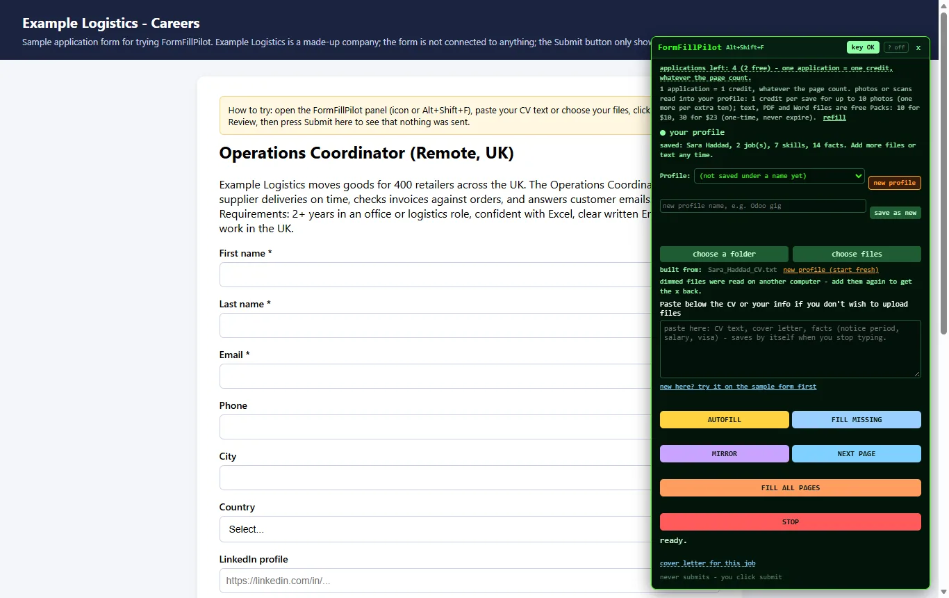The FormFillPilot panel open next to the sample job application form, showing the free applications and the profile