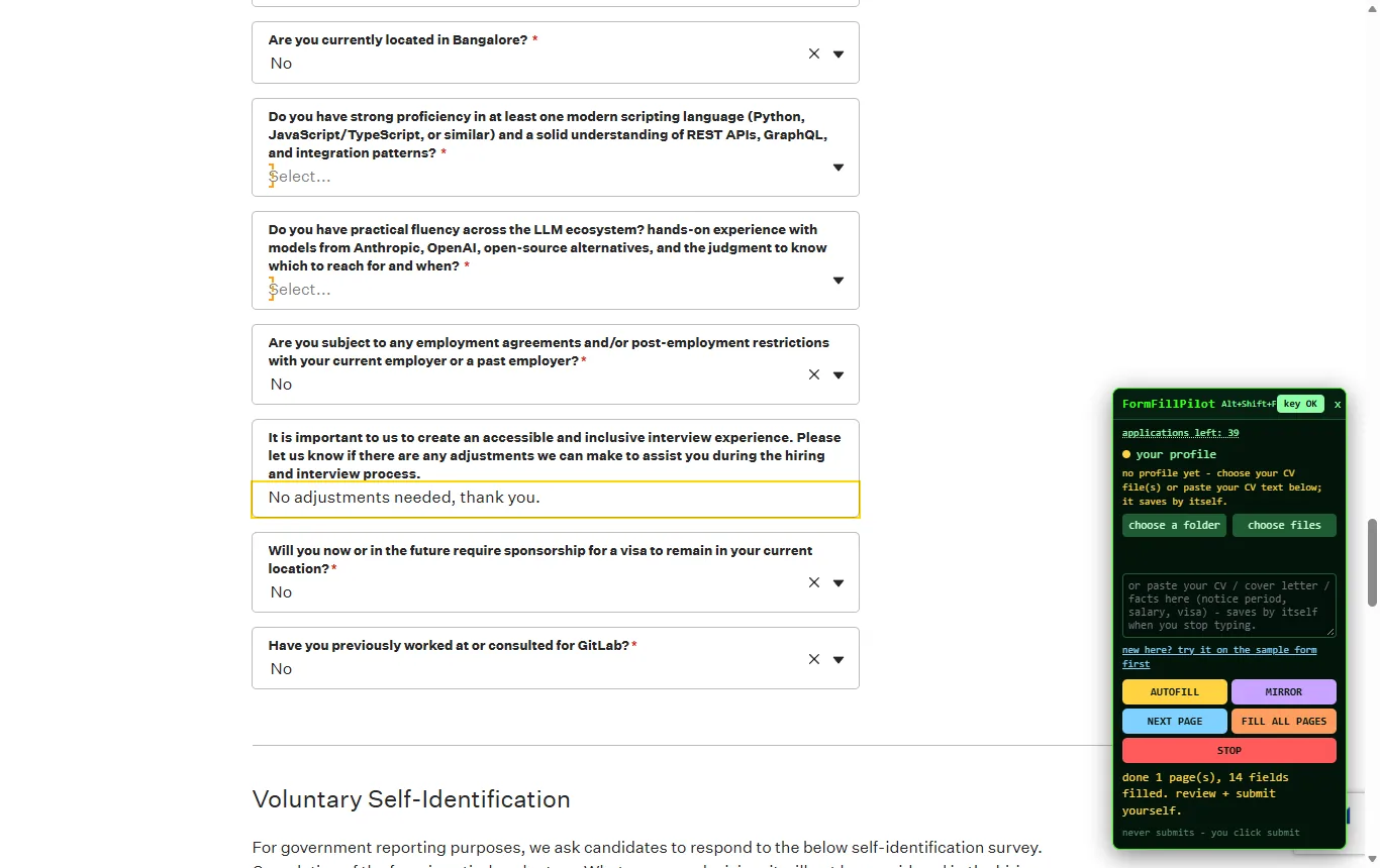 Screening questions on a job application answered from the profile, with the panel saying review and submit yourself