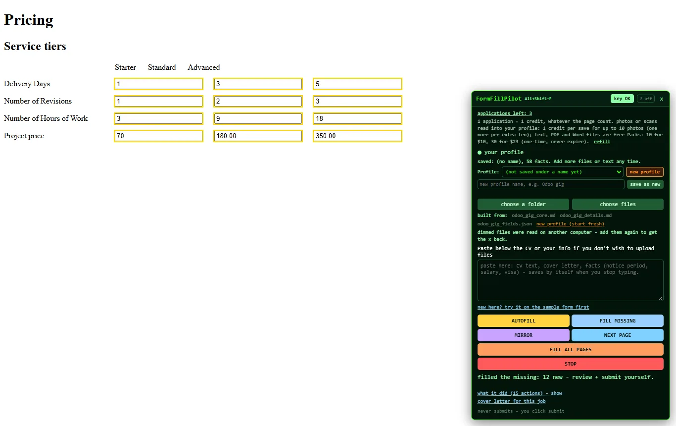 A pricing grid with three tiers filled from a company folder: delivery days, revisions, hours and price per tier