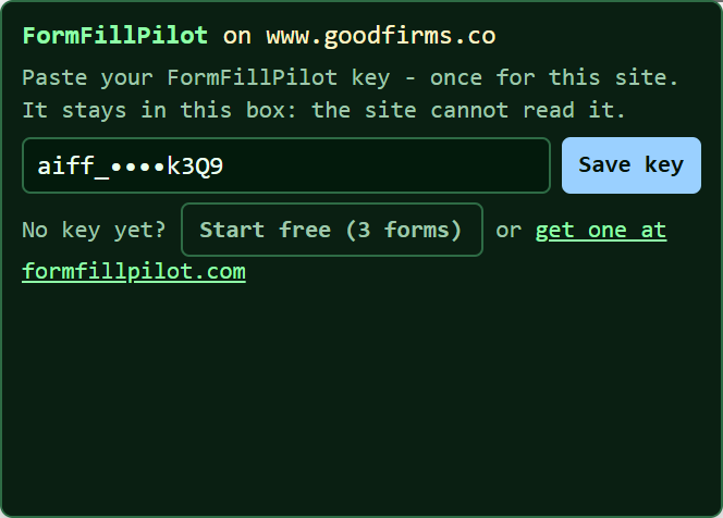 The small FormFillPilot box at the bottom left of the page, with a key pasted (shown masked)